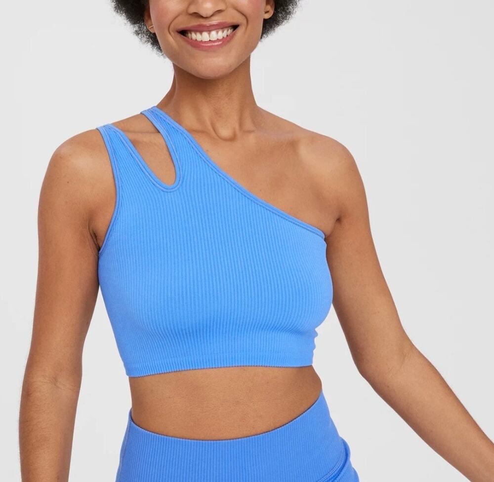Offline by Aerie Ribbed One Shoulder Cutout Crop Top Blue Size S | Asymmetrical
